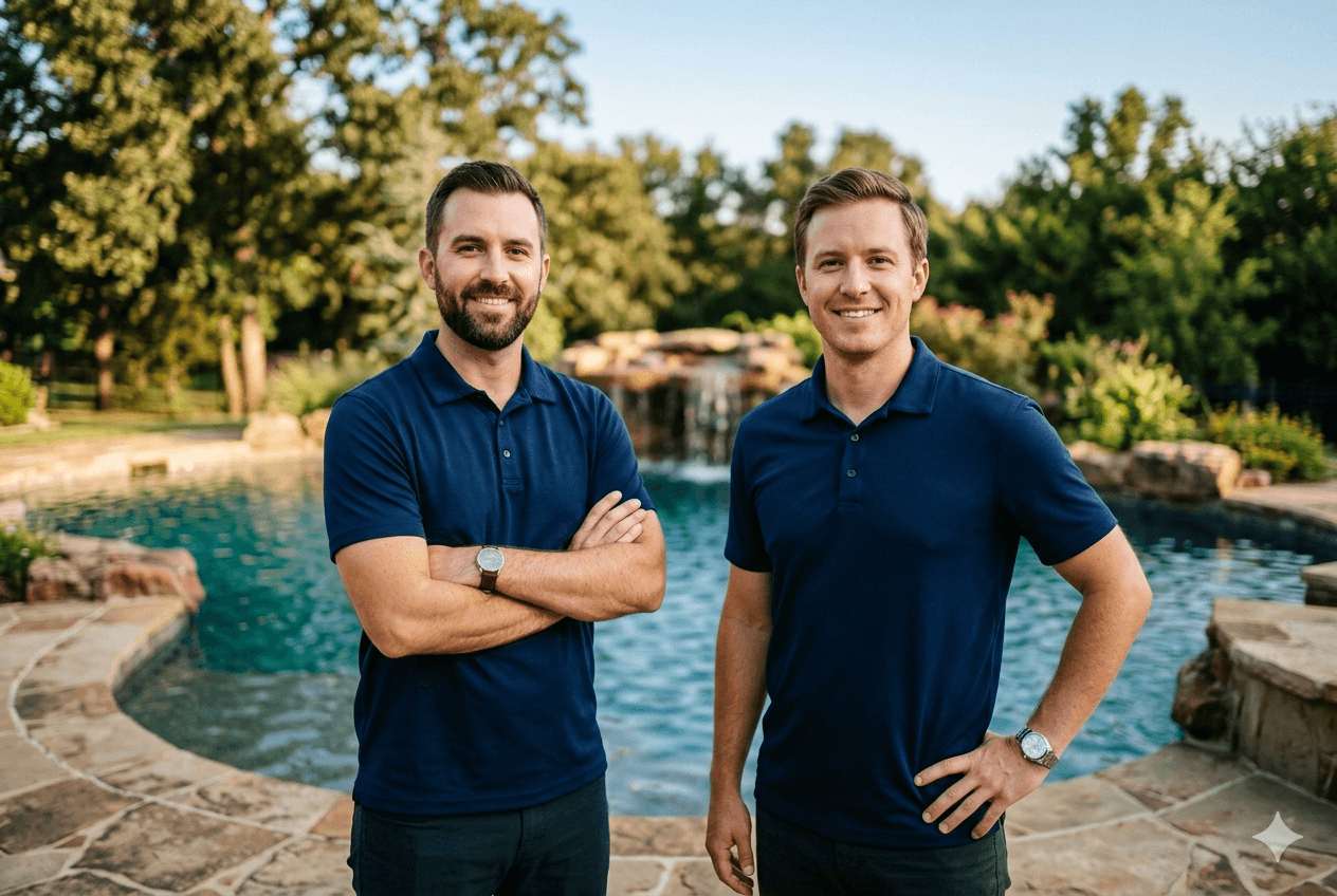 Derek and Joel Callahan, co-owners of Clearwater Pool & Spa, in front of a completed pool build in Tulsa, Oklahoma