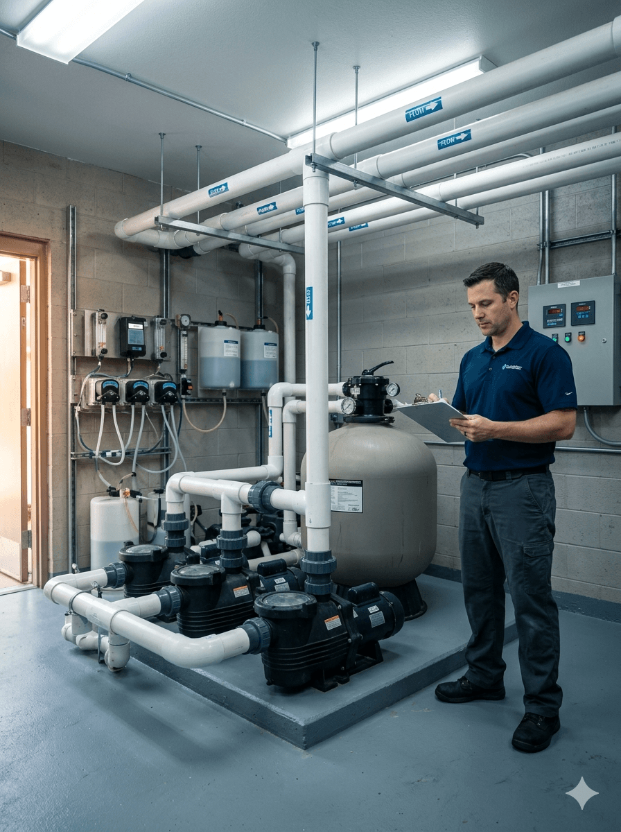 Clearwater Pool & Spa technician testing water chemistry at a commercial pool in Tulsa, Oklahoma