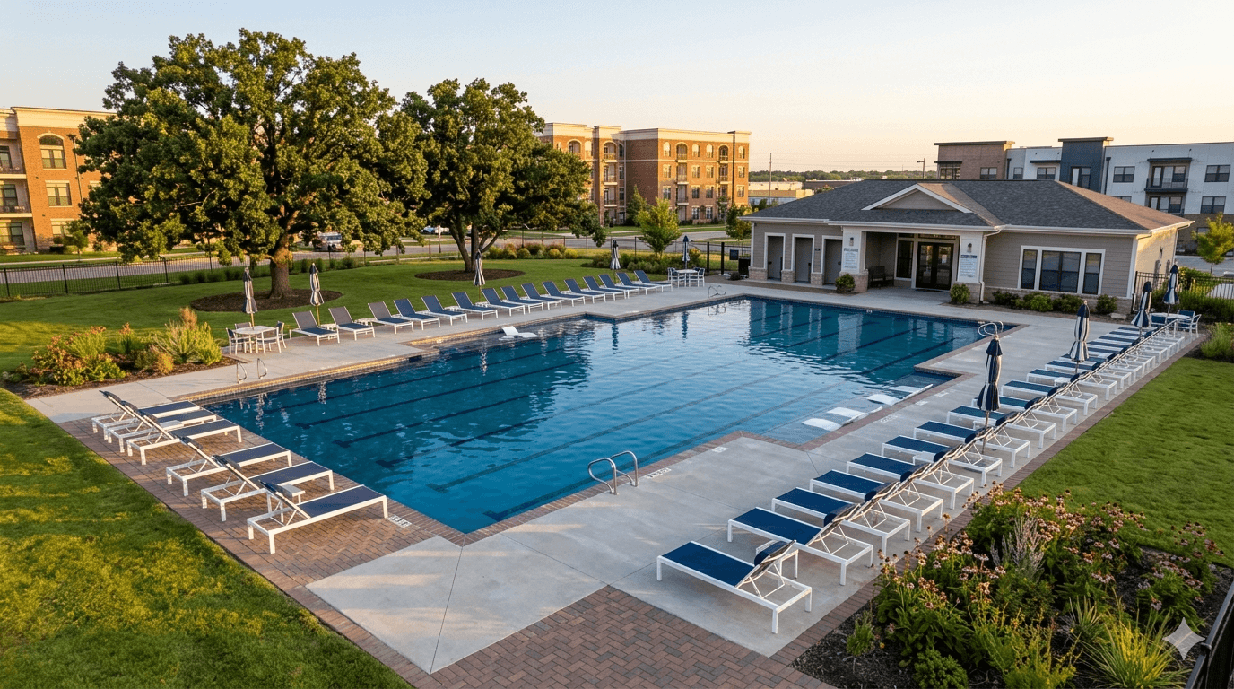 Clearwater Pool & Spa technician servicing a commercial pool for an HOA in the Tulsa metro area