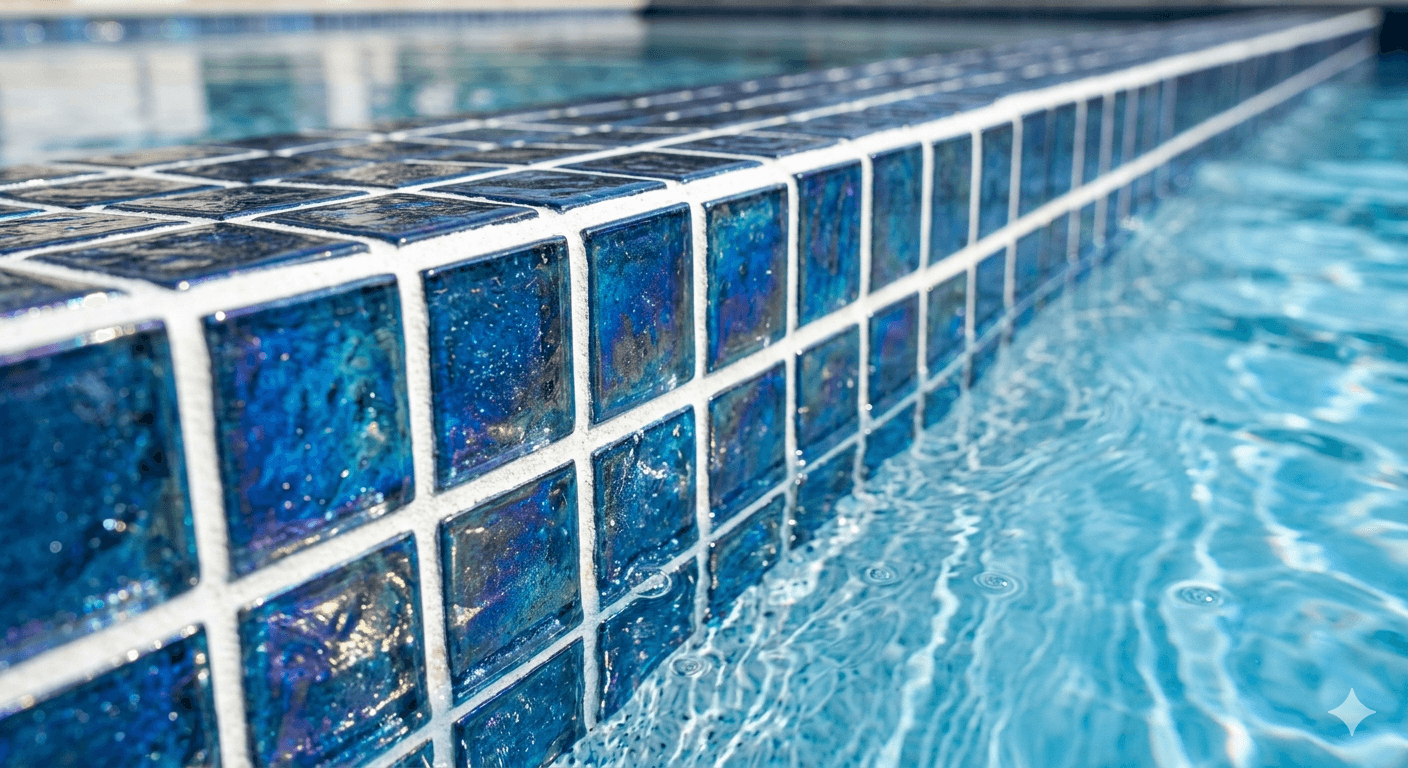 Glass mosaic tile at pool waterline