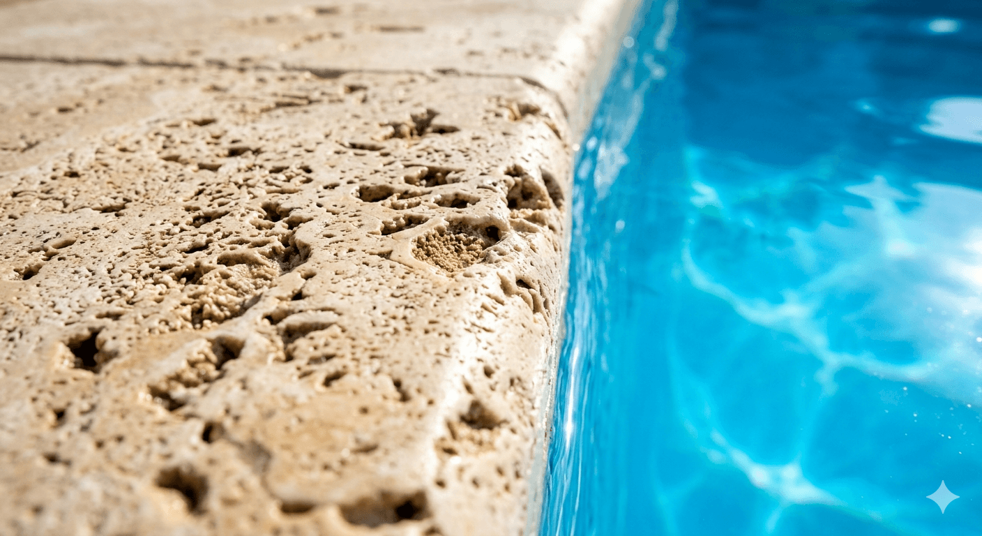 Travertine stone pool coping and deck material