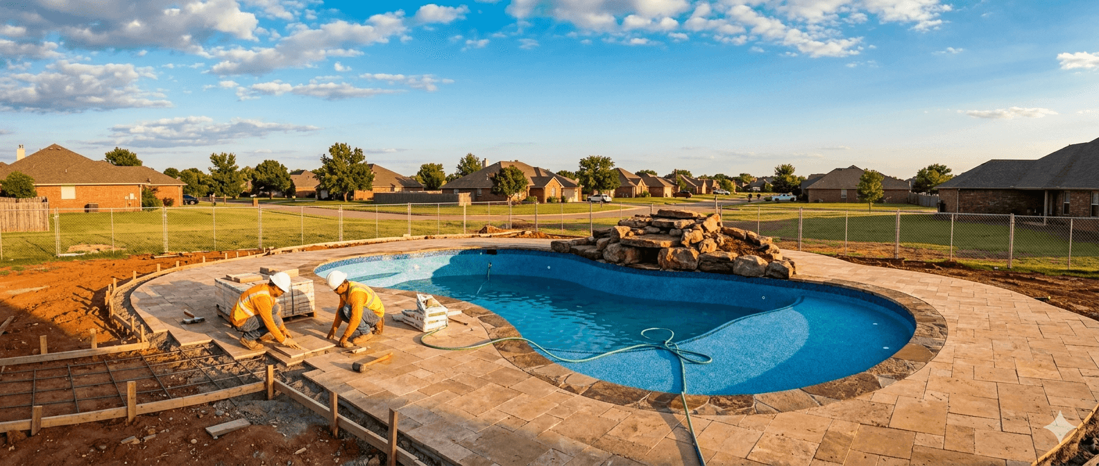 Custom in-ground gunite pool under construction in a Tulsa-area backyard by Clearwater Pool & Spa