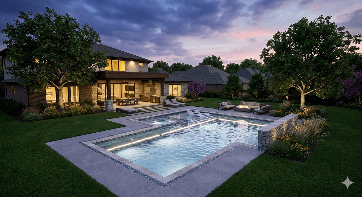 3D pool design rendering showing a custom in-ground pool layout
