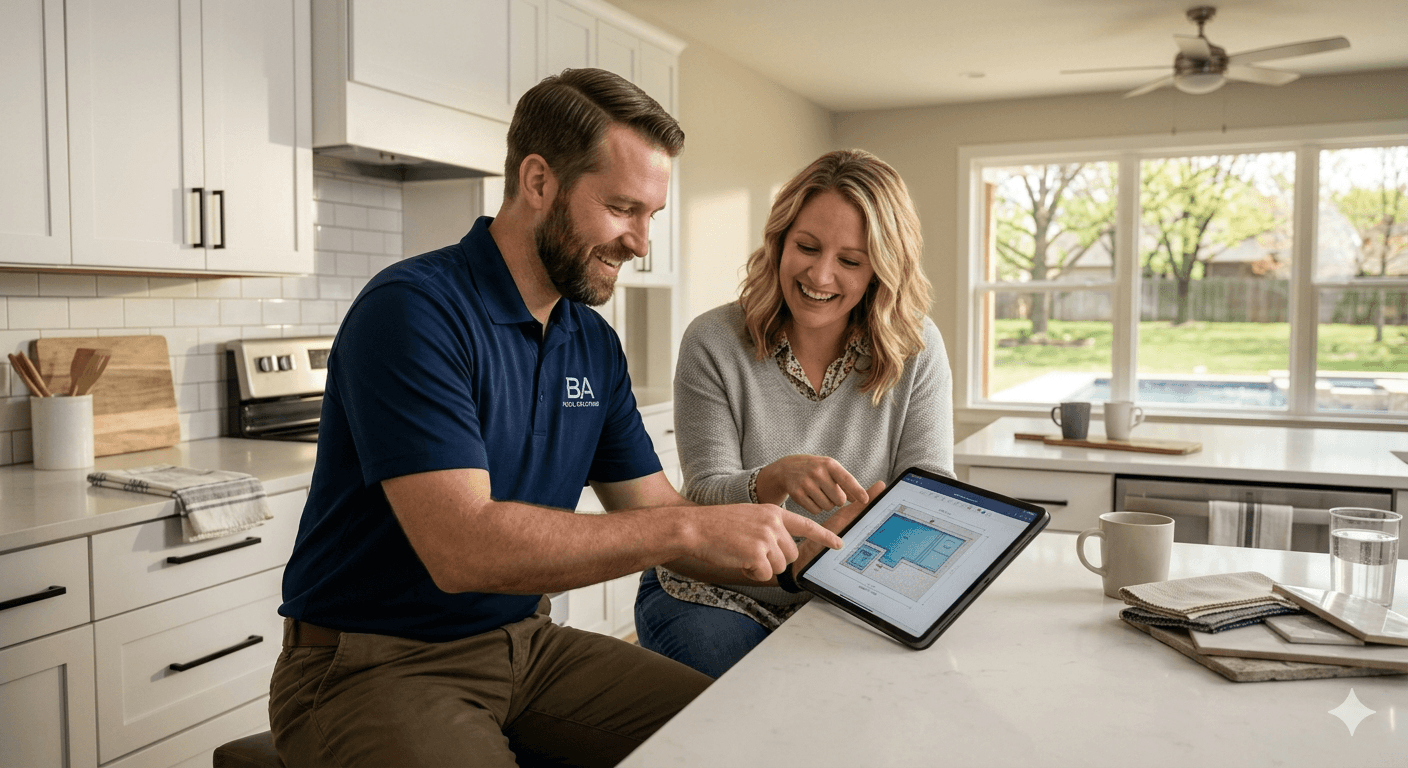 Clearwater team member reviewing pool design plans with a homeowner