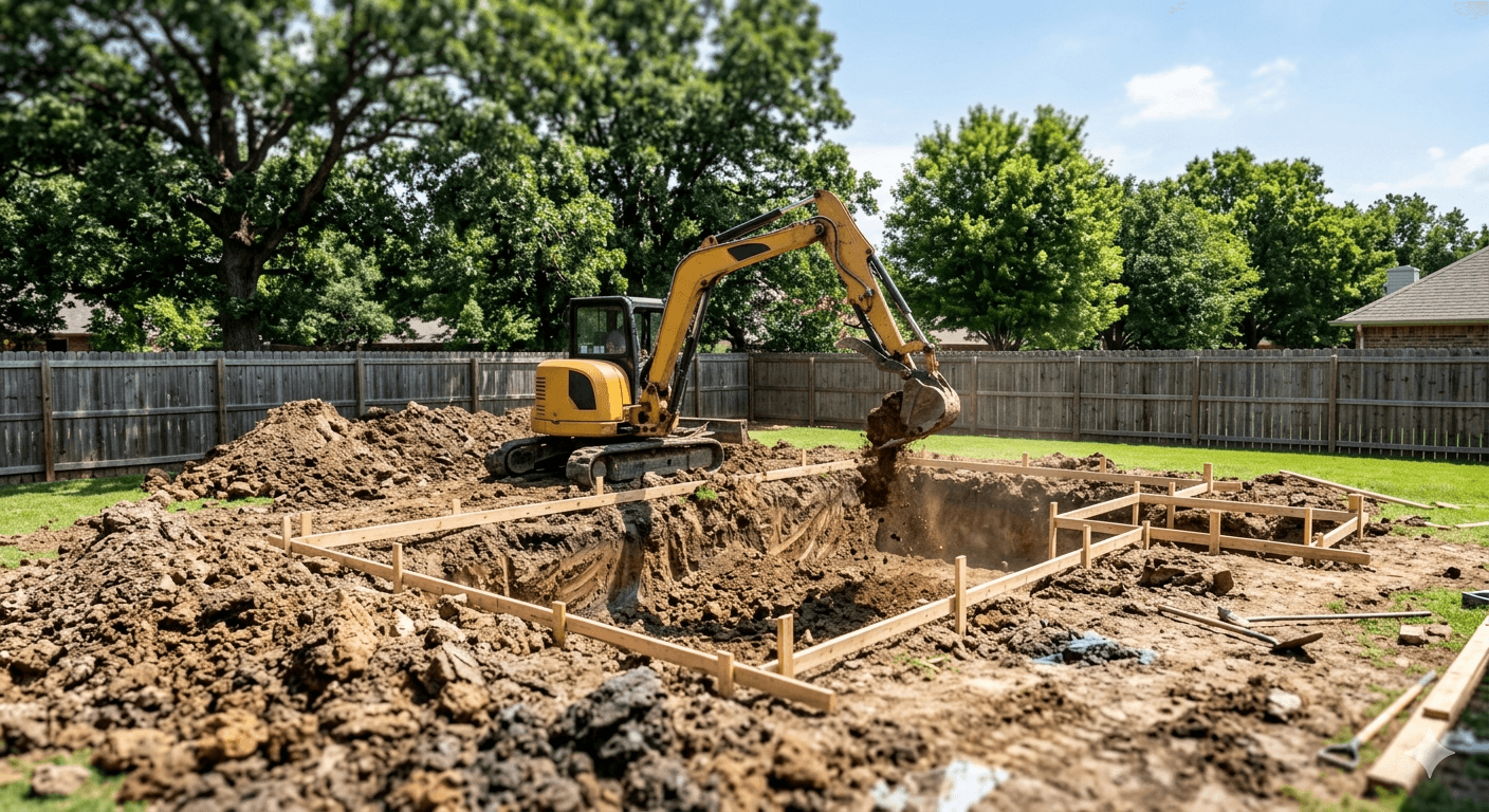 Excavator digging a pool in a residential Tulsa-area backyard