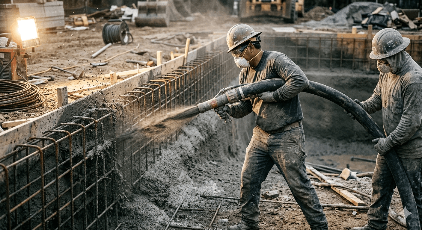 Gunite shotcrete application on a custom pool shell by Clearwater crew