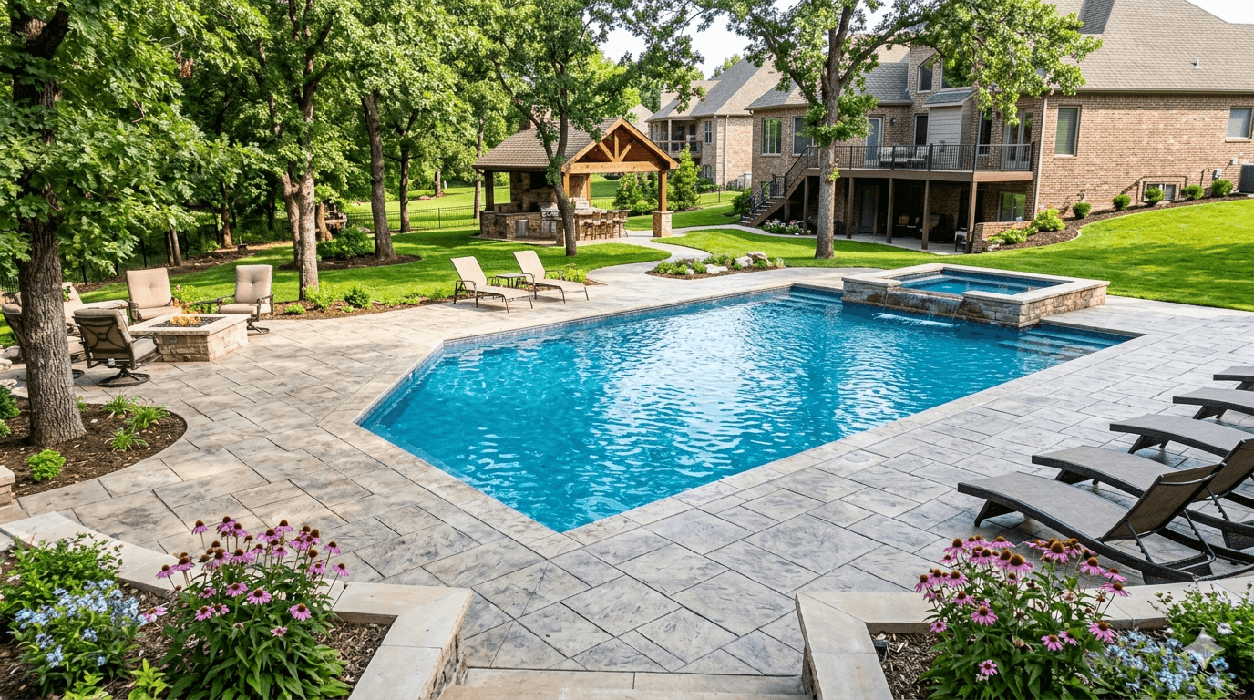 New stamped concrete pool deck and patio pavers