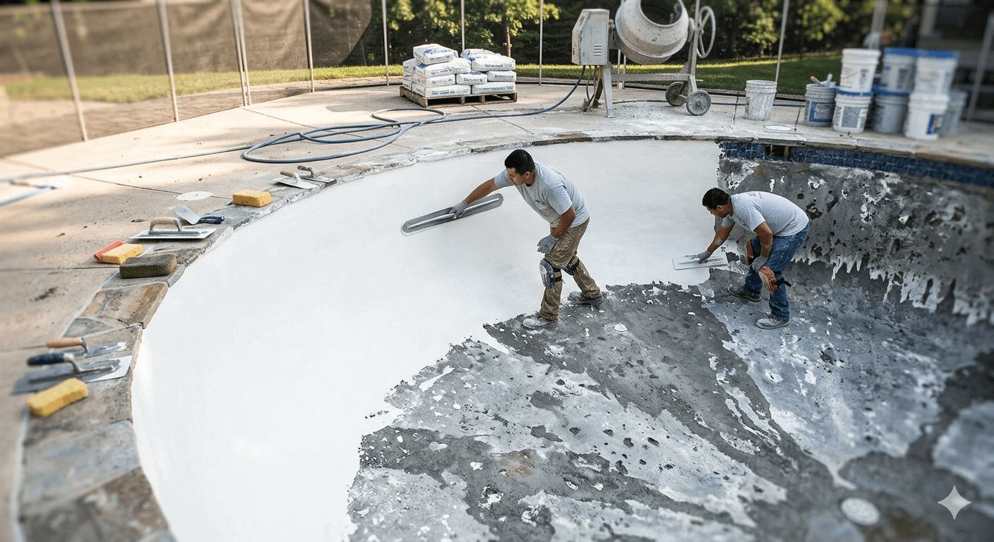 Workers resurfacing a pool interior with fresh plaster