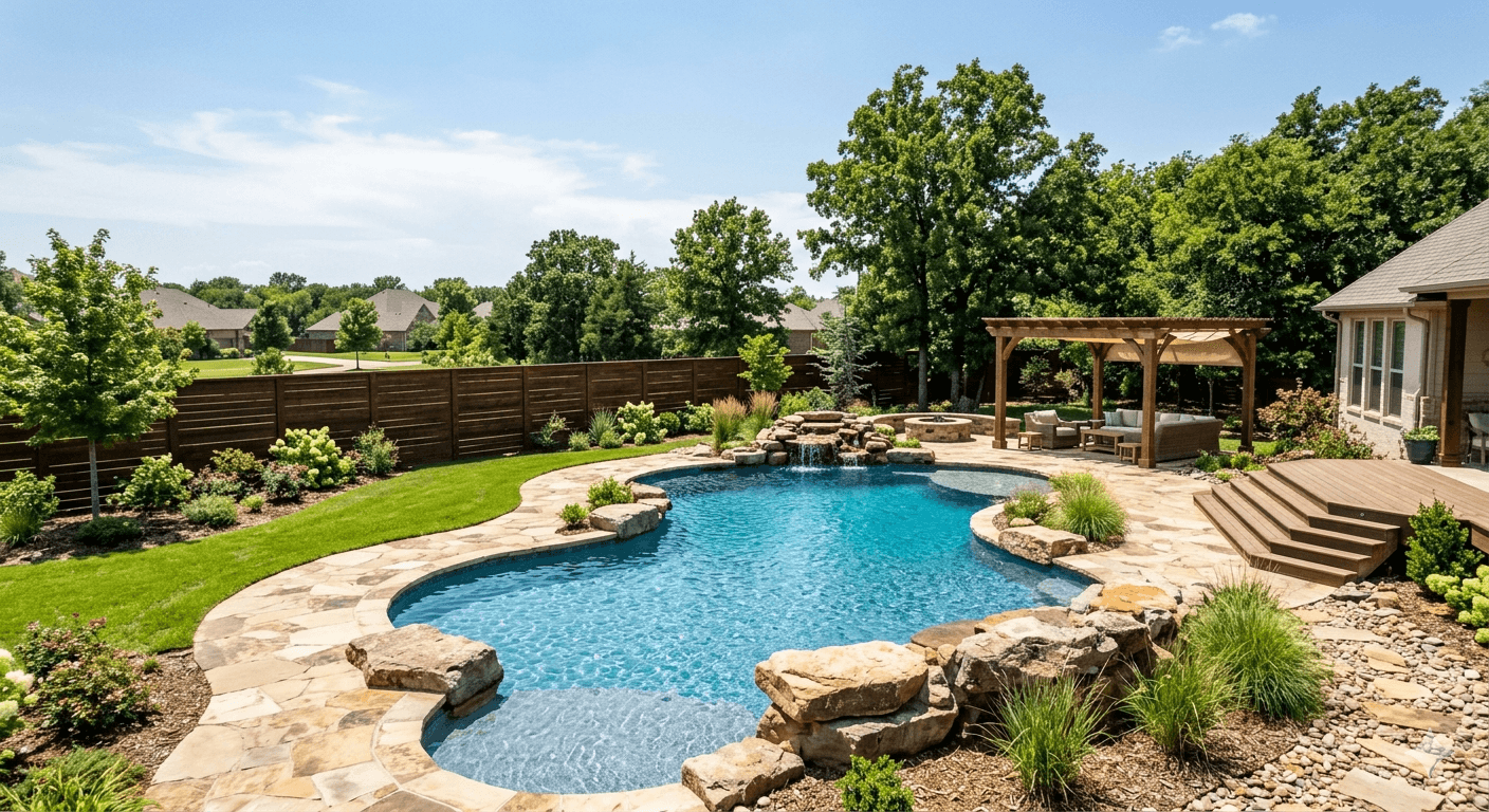 Freeform gunite pool with natural stone coping and landscaping