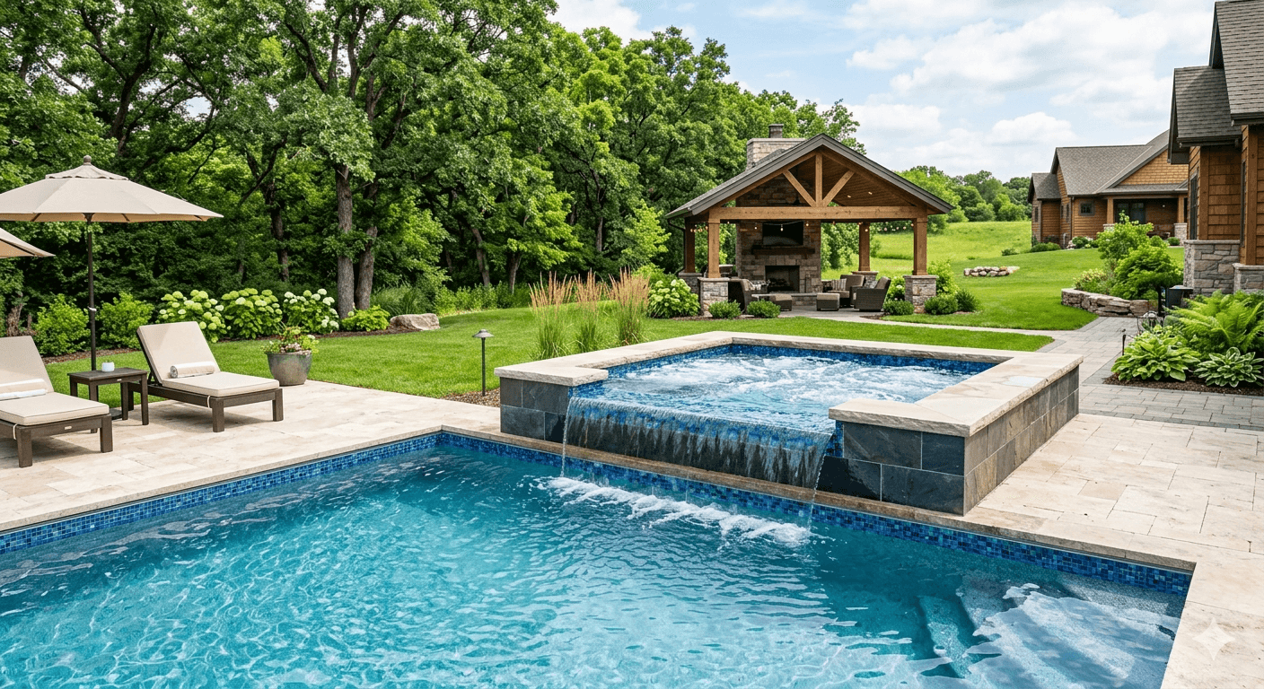 Pool and attached spa combo with waterfall spillover