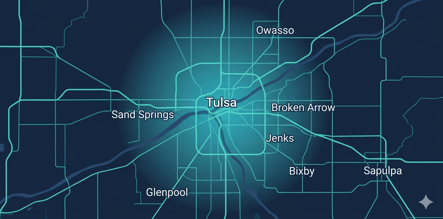 Stylized map of the greater Tulsa, Oklahoma metro area showing Clearwater Pool & Spa service coverage