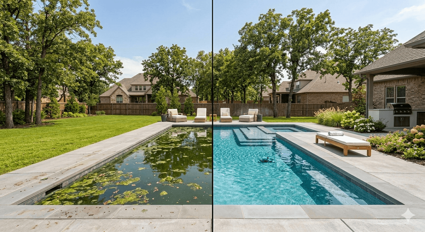 Before and after pool recovery — green algae to crystal clear blue water