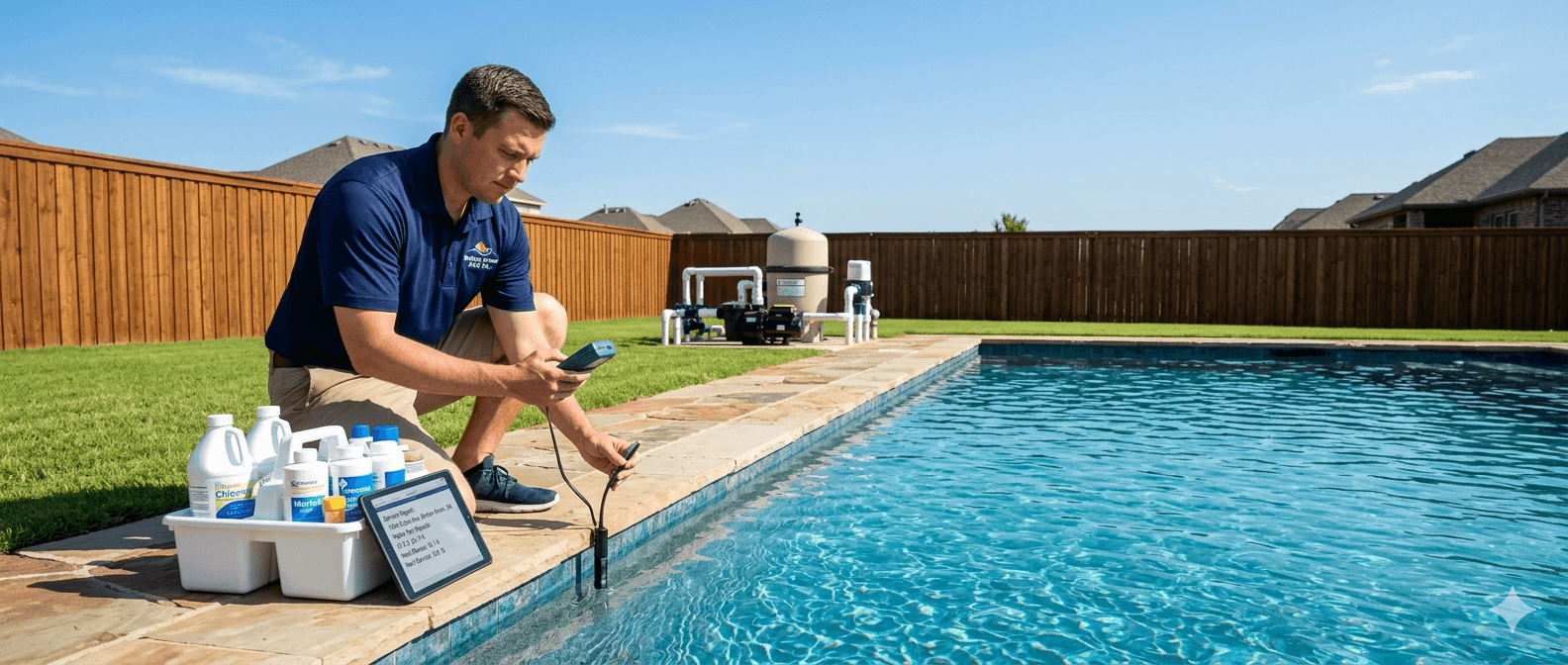 Clearwater Pool & Spa technician servicing a residential pool in Tulsa