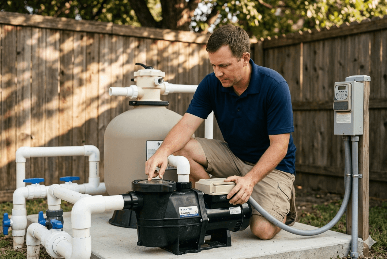 Clearwater technician inspecting pool pump and filtration equipment
