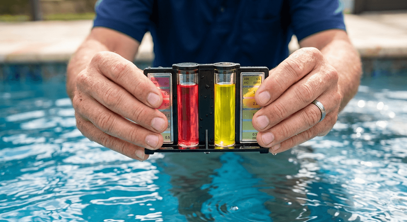 Pool technician testing water chemistry with color vials