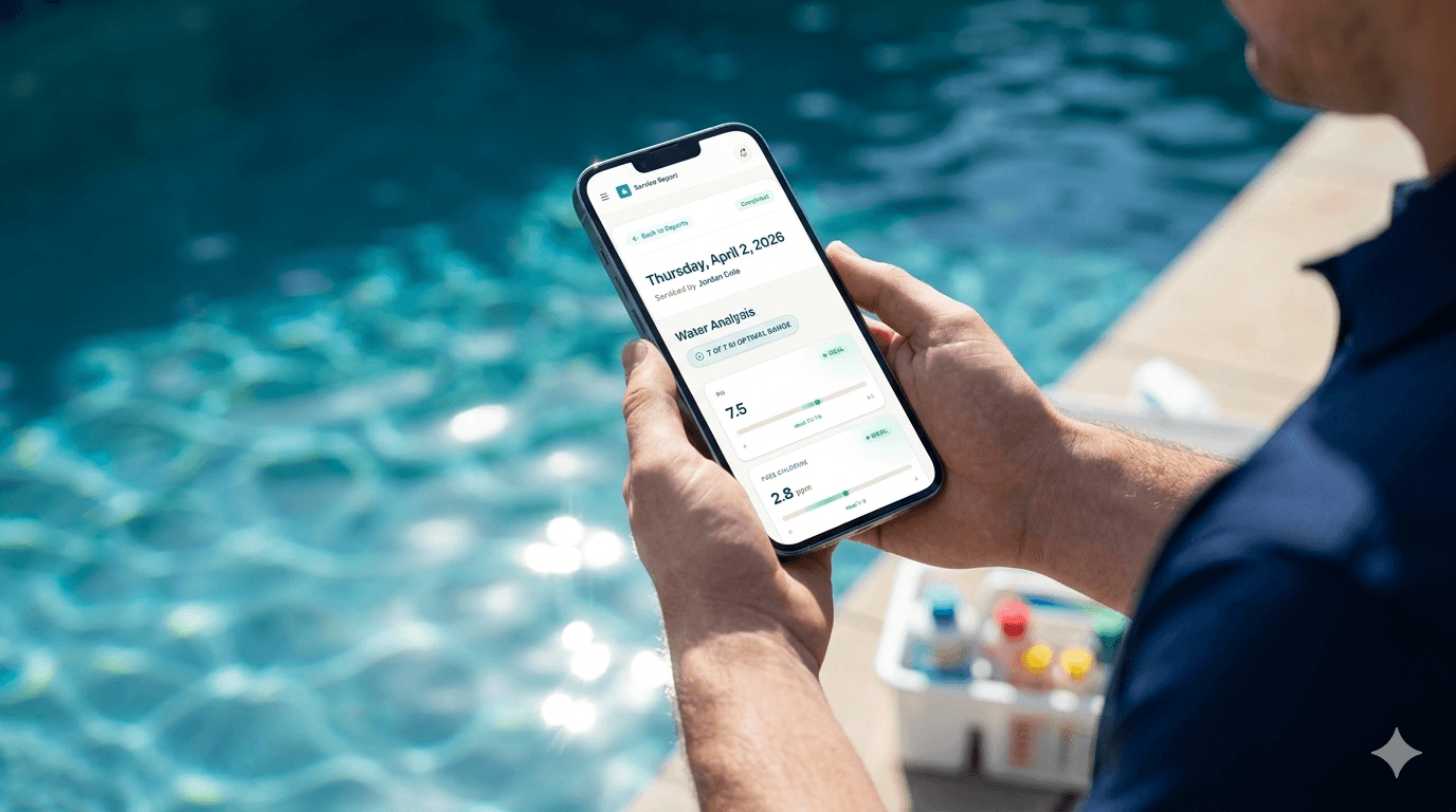 Joel Callahan reviewing the first digital service report system on a tablet poolside